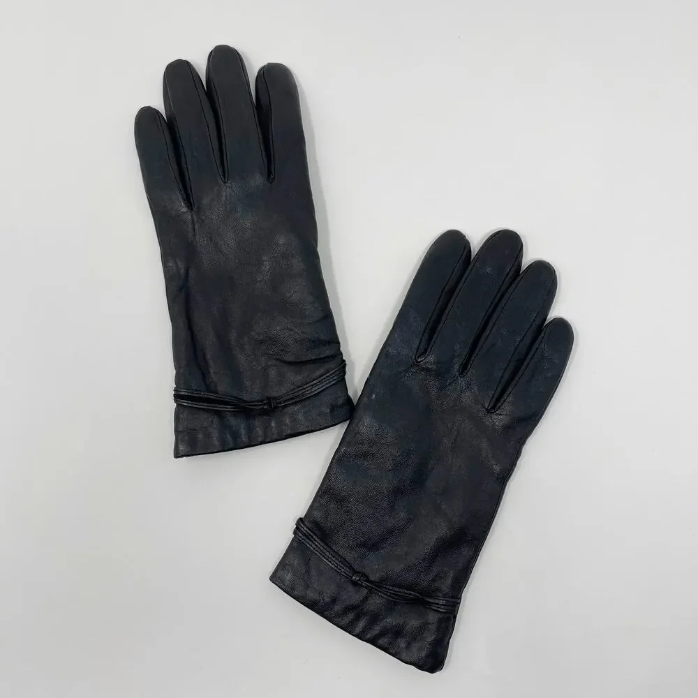 Isotoner Womens Leather Gloves Black Tie Knot - Picture 1 of 11